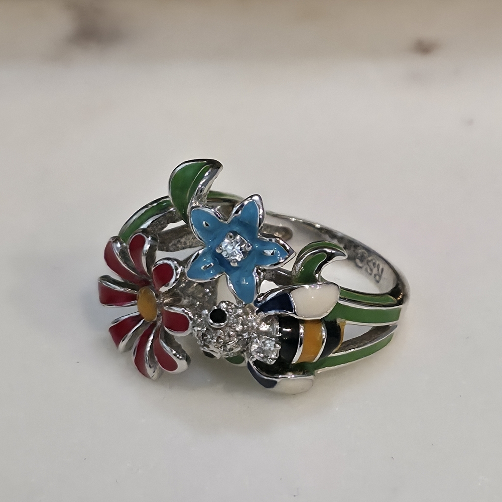 R.S. Covenant RSC Enamel Bee & Flower Garden Ring - Size 7